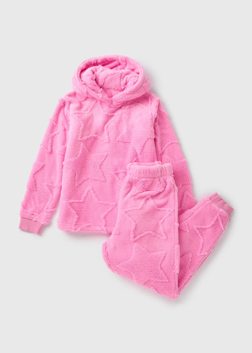 Girls Pink Star Fluffy Hoodie & Bottoms Lounge Set (7-13yrs) - Age 7 Years Image 1