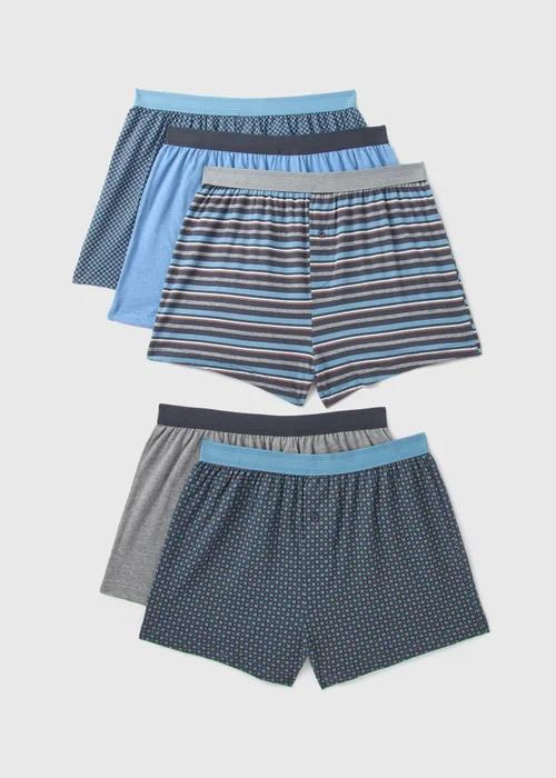 5 Pack Blue Patterned Loose Fit Boxers - S Image 1