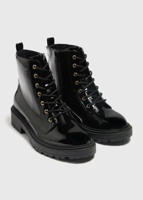 Black Patent Lace Up Boots - Size 3 Image 1