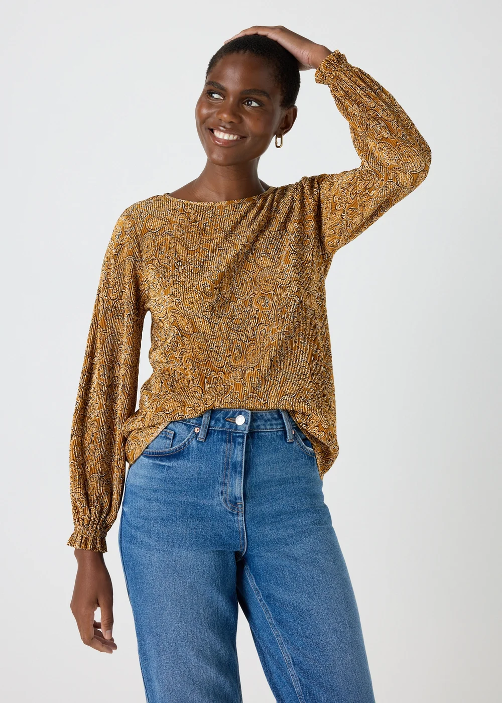 Mustard Paisley Plisse Top - Size 8 Image 1