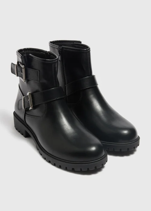 Black Wide Fit Short Biker Boots - 3 Image 1