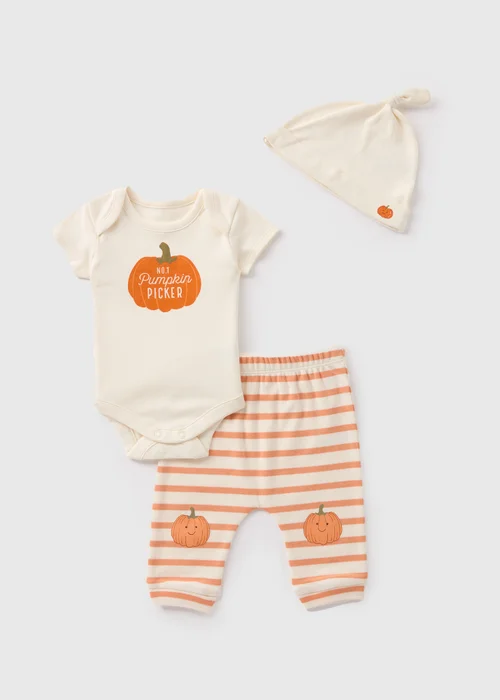 Baby Cream Pumpkin Bodysuit, Hat, & Leggings Set (Newborn-18mths) - First Size Image 1