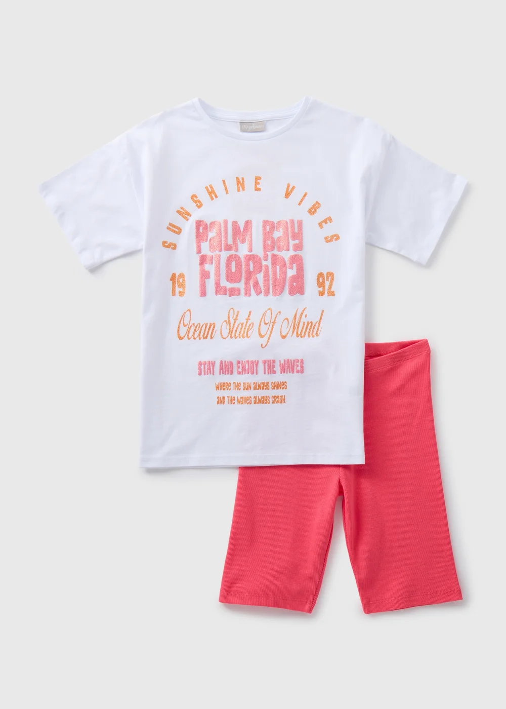 Girls White Palm Bay Florida T-Shirt & Pink Cycling Shorts Set (7-13yrs) - Age 7 Years Image 1