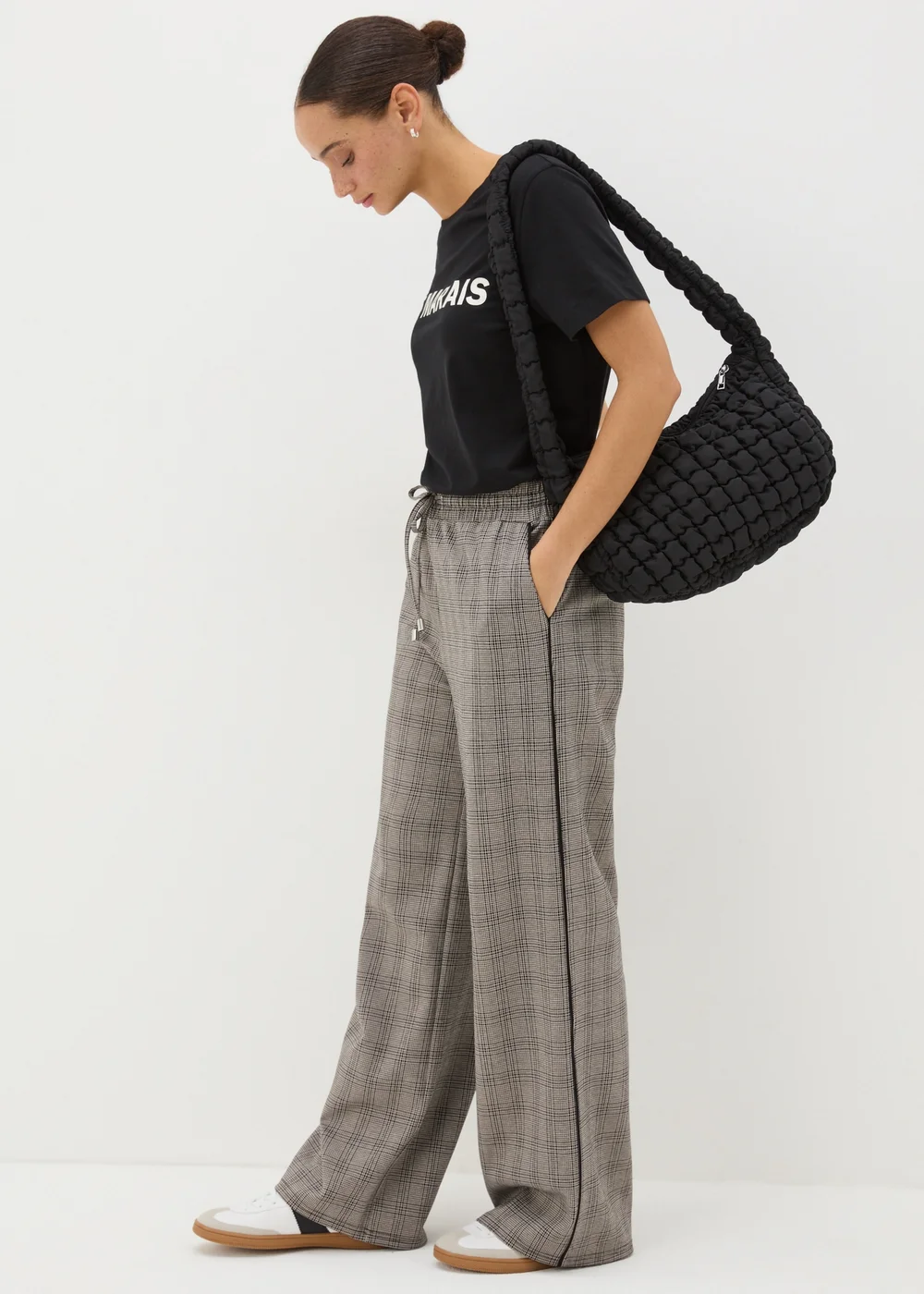 Beige Check Wide Leg Trousers - 8 Image 1
