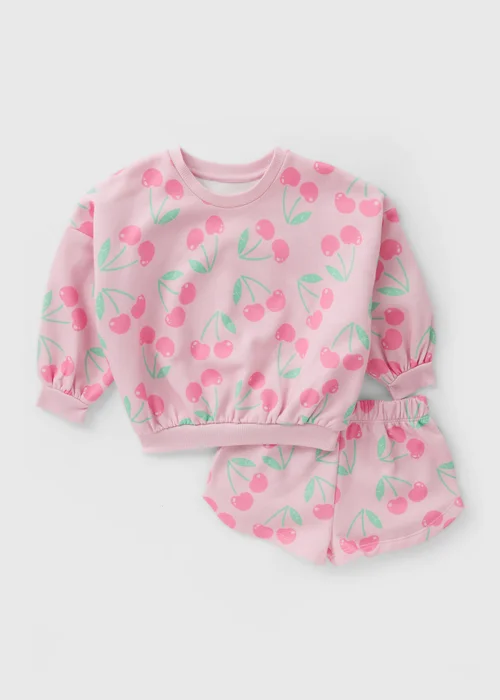 Girls Light Pink Cherry Sweatshirt & Shorts Set (1-7yrs) - 1 half year to 2 Image 1
