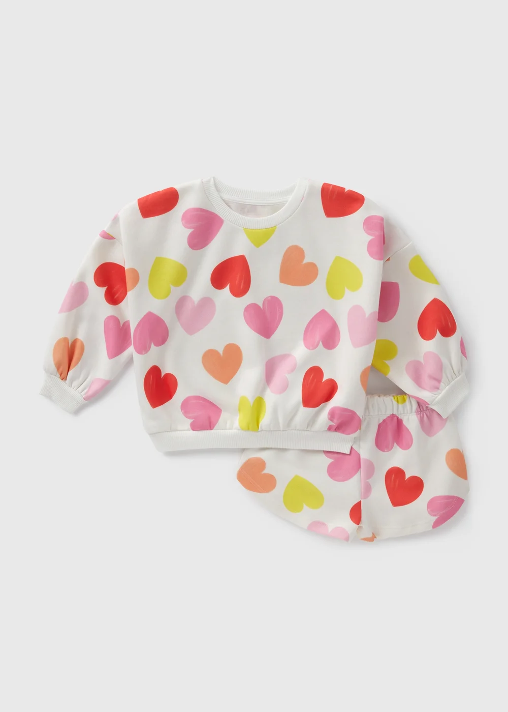 Girls Cream Hearts Print Sweatshirt & Shorts Set (1-7yrs) - 1 half year to 2 Image 1