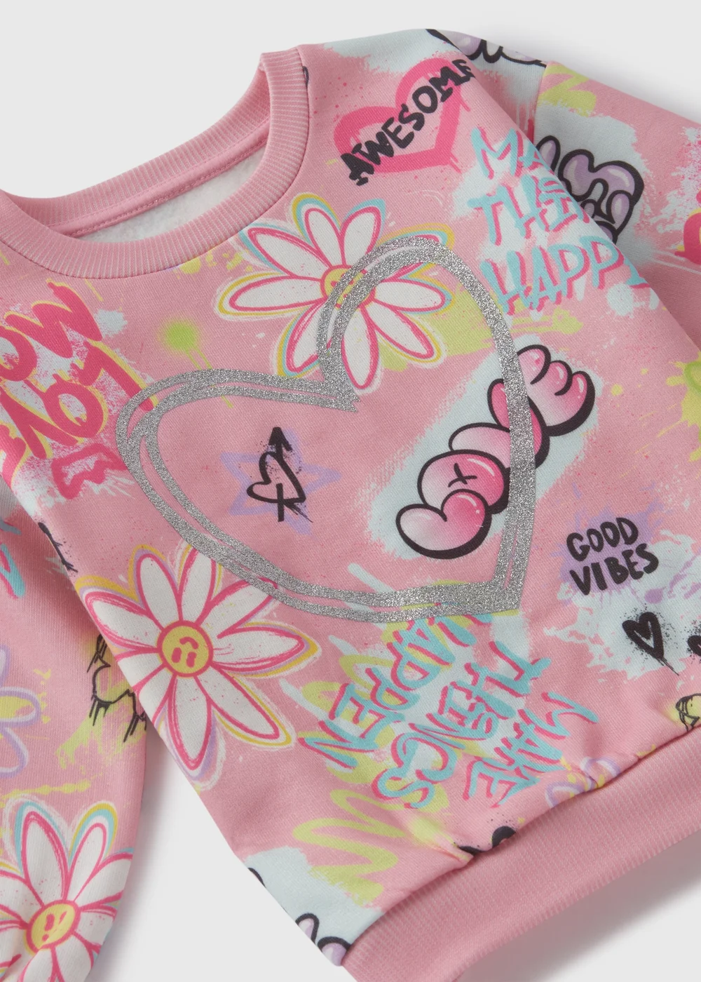 Girls Light Pink Graffiti Sweatshirt & Leggings Set (1-7yrs) - 1 half year to 2 Image 2