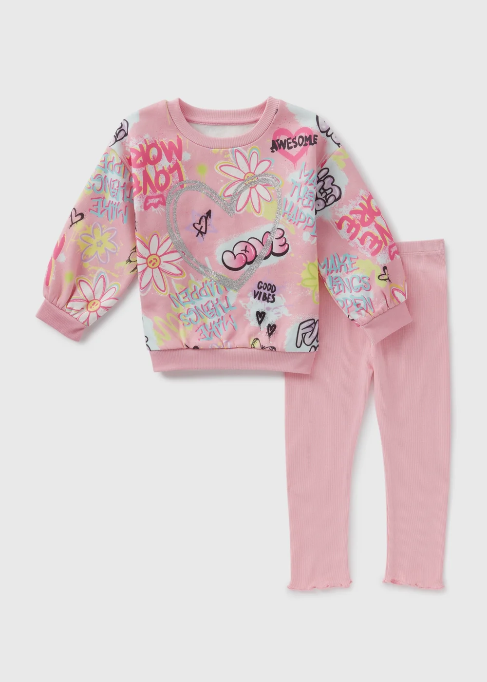 Girls Light Pink Graffiti Sweatshirt & Leggings Set (1-7yrs) - 1 half year to 2 Image 1