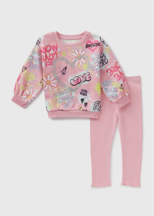 Girls Light Pink Graffiti Sweatshirt & Leggings Set (1-7yrs) - 1 half year to 2 Image 1
