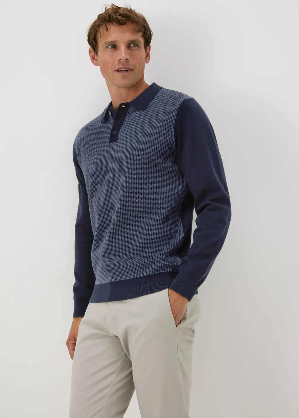 Navy Textured Knit Polo Shirt, - S Image 1