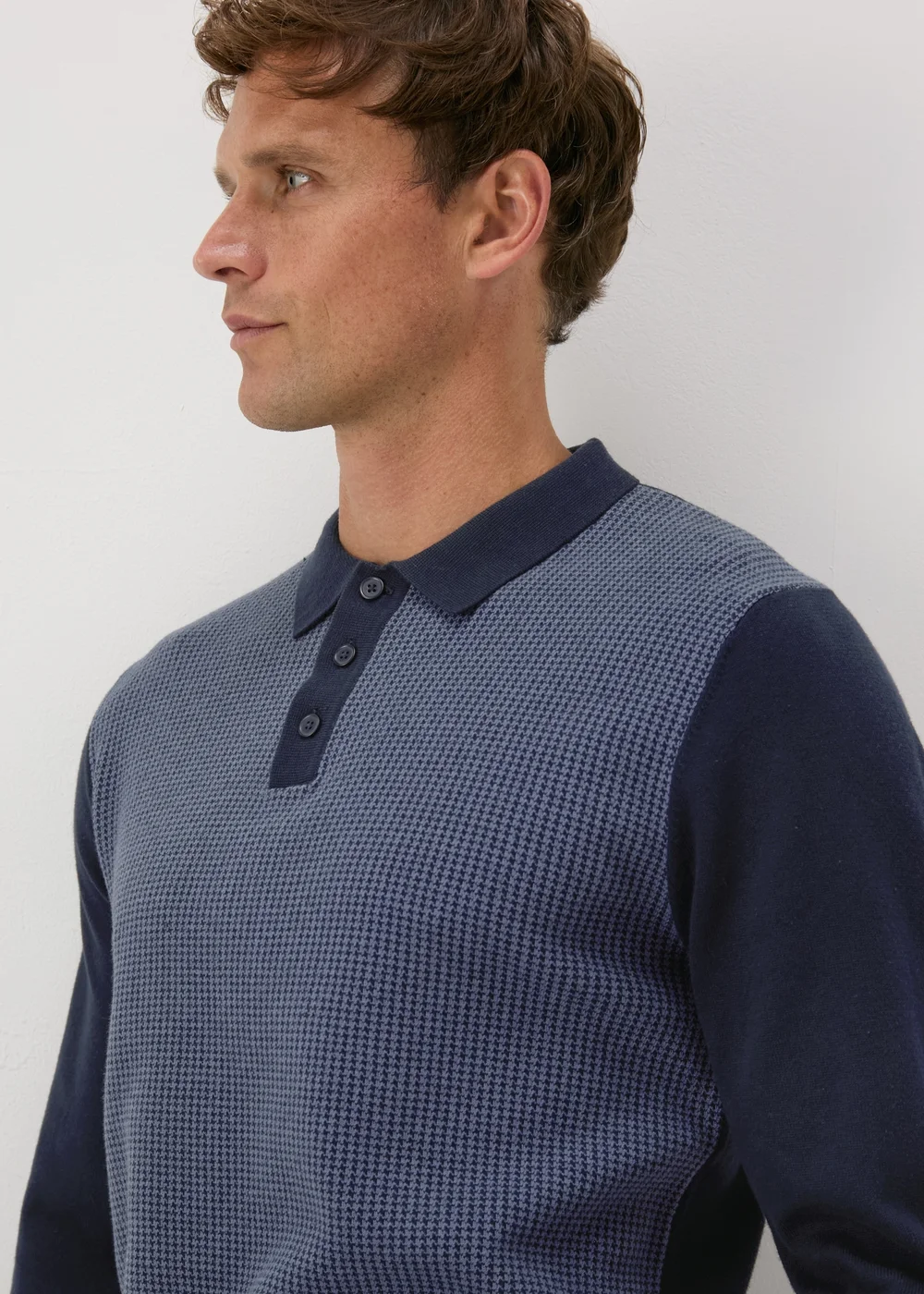 Navy Textured Knit Polo Shirt, - S Image 3