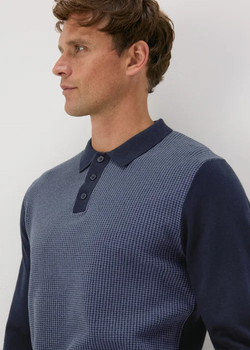 Navy Textured Knit Polo Shirt, - S Image 3