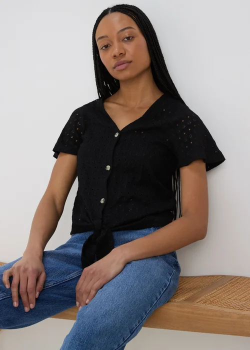Black Tie Waist Jersey Broderie Top - 8 Image 1