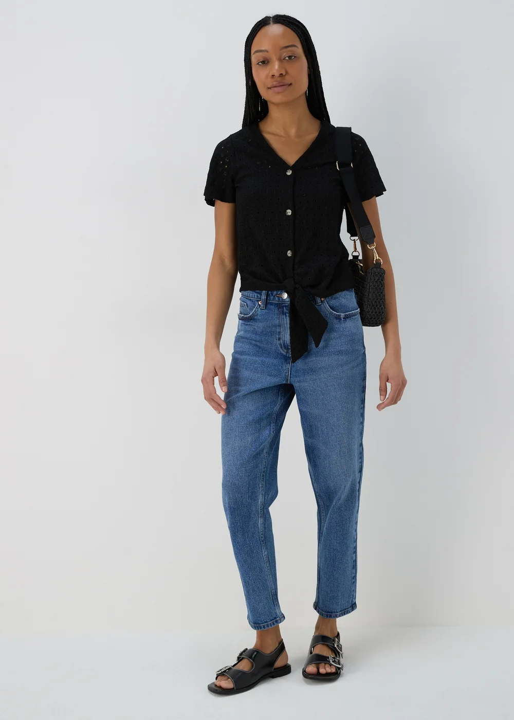 Black Tie Waist Jersey Broderie Top - 8 Image 4