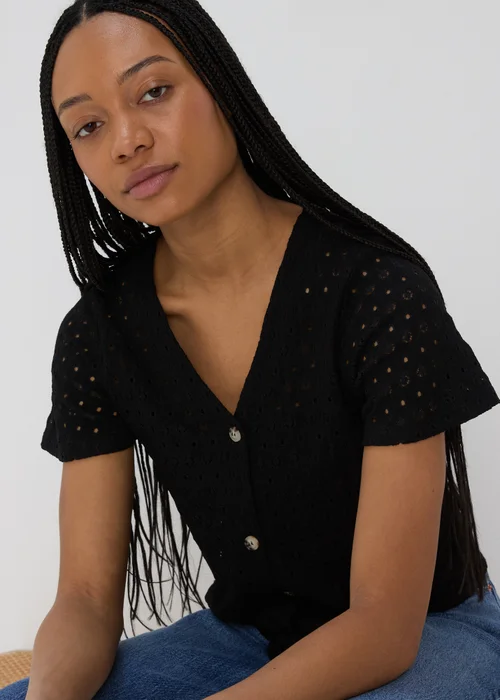 Black Tie Waist Jersey Broderie Top - 8 Image 3