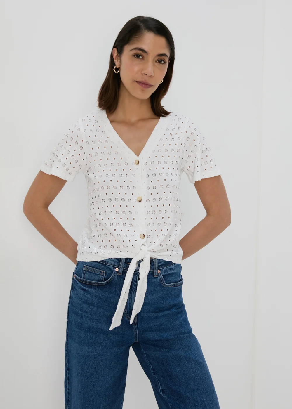 White Tie Waist Jersey Broderie Top - 8 Image 1