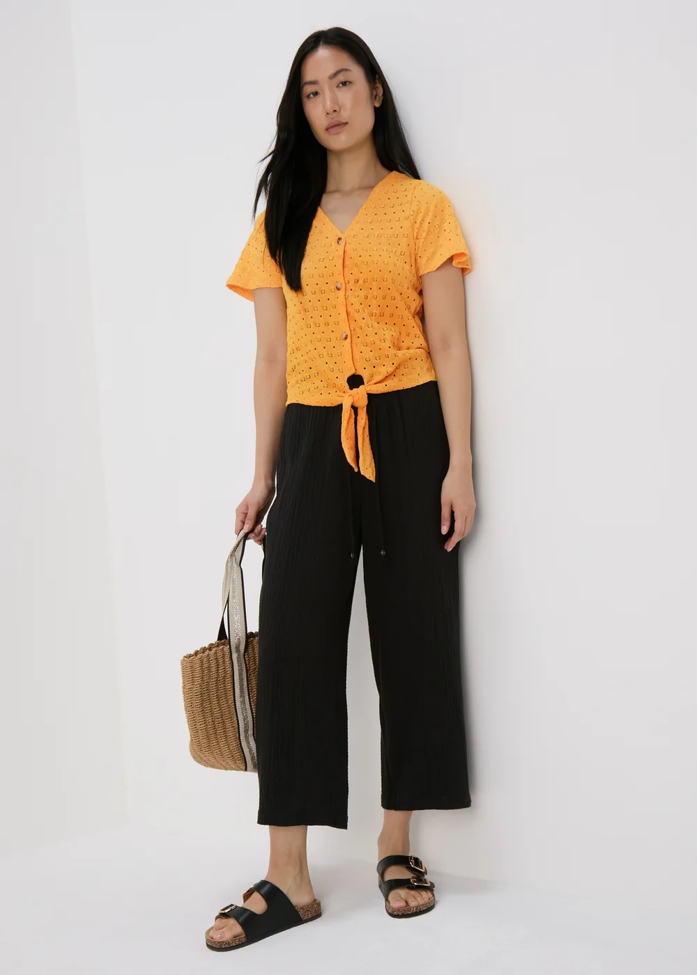 Yellow Tie Waist Broderie Jersey Top - Size 8 Image 4