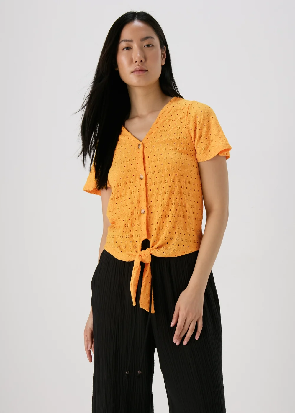 Yellow Tie Waist Broderie Jersey Top - Size 8 Image 1