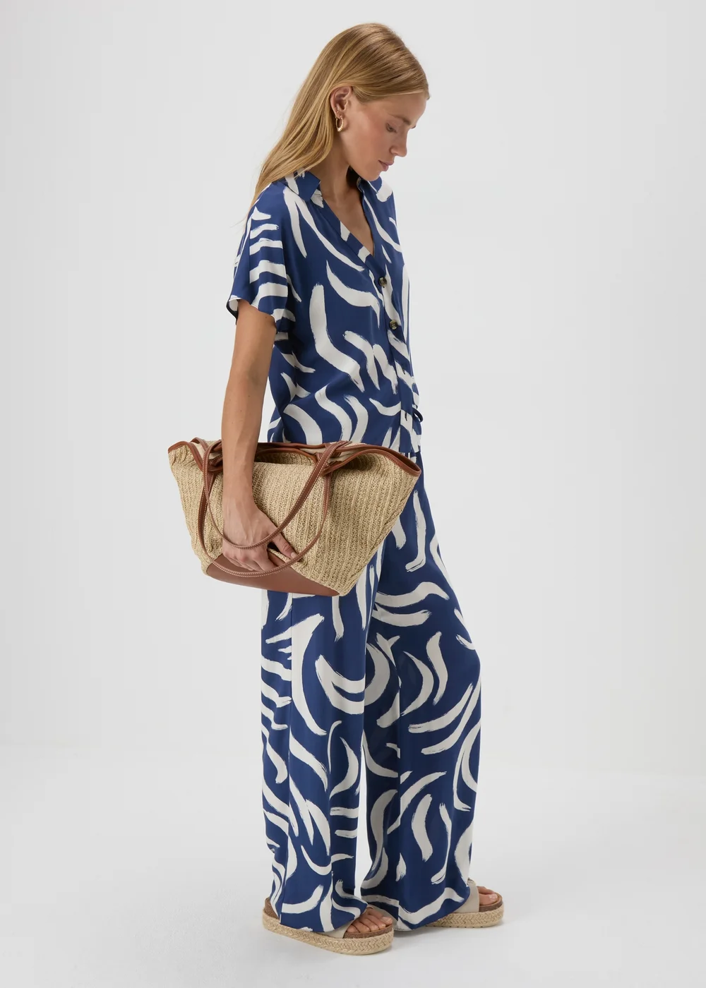 Navy Abstract Print Co Ord Trousers - 8 Image 1