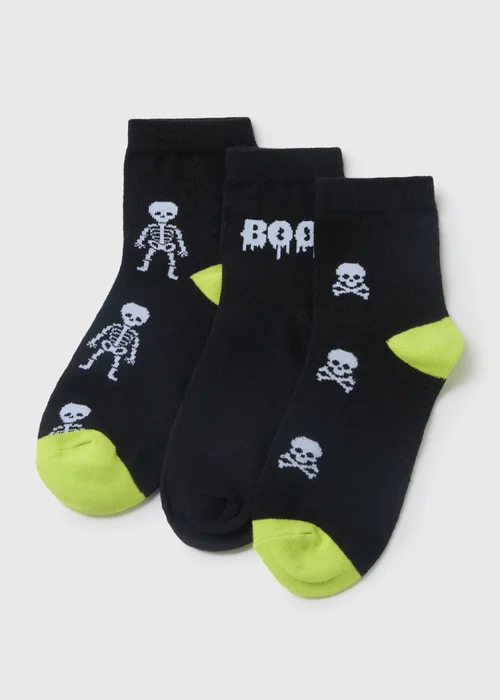 3 Pack Boys Black Skeleton Socks (Younger 6-Older 6.5) - Sizes 6 - 8.5 Image 1