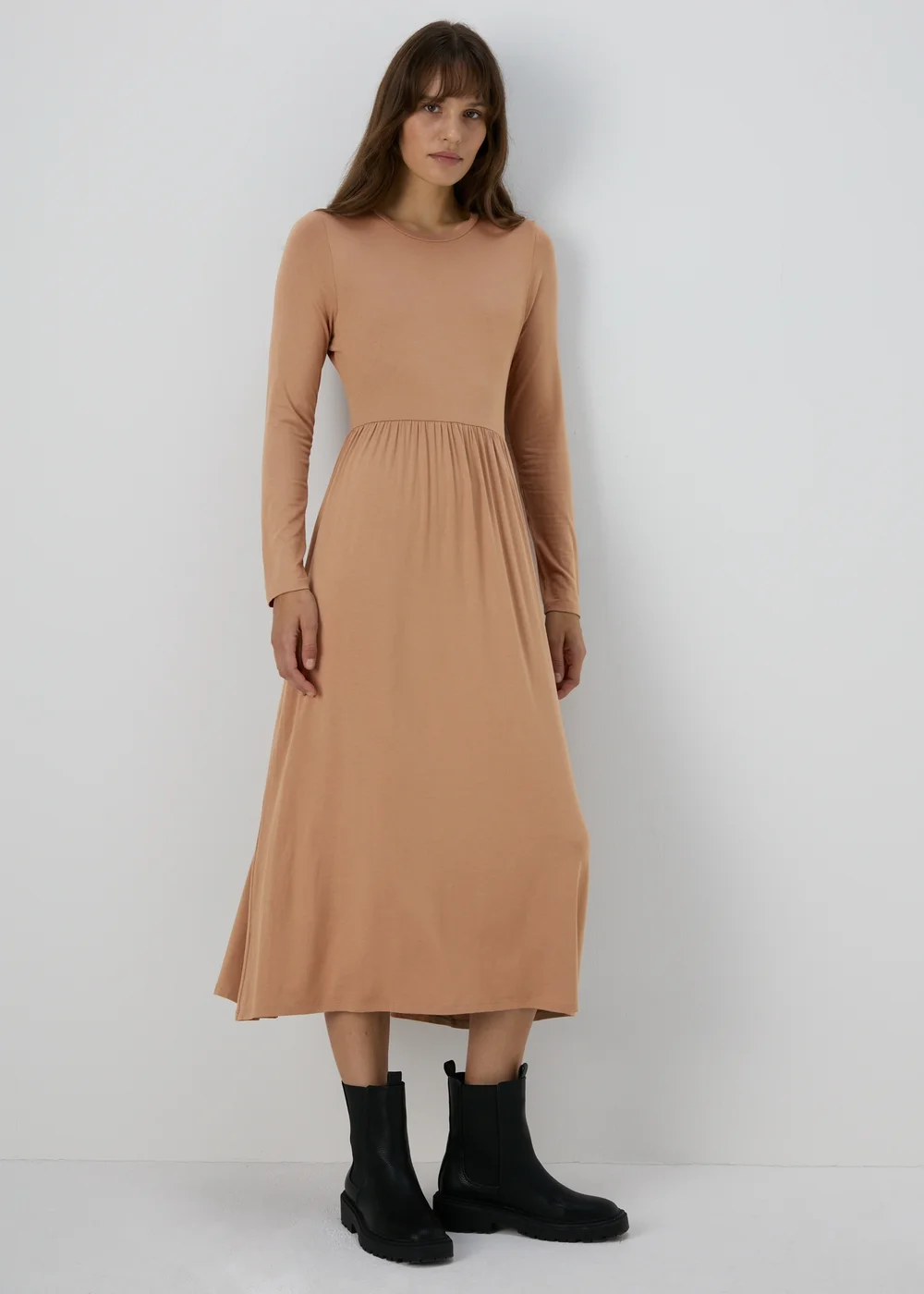 Camel Long Sleeve Midi Dress - 8 Image 3