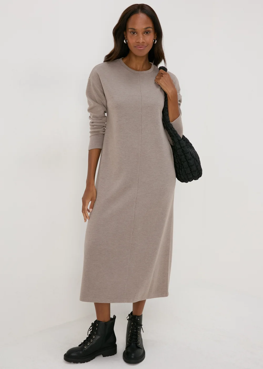 Taupe Ribbed Midi Dress - 8 Image 1