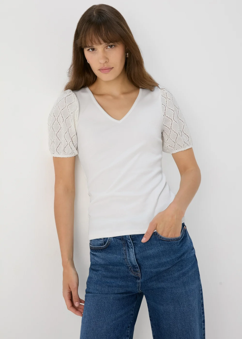 Ecru Pointelle Sleeve Top - Size 8 Image 1