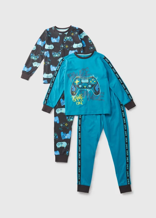 2 Pack Boys Navy Gamer Top & Bottoms Pyjama Set (7-13yrs) - Age 7 Years Image 1