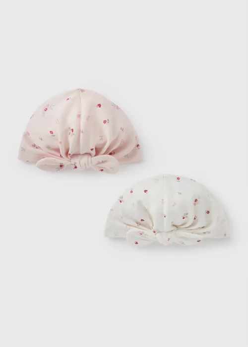 2 Pack Baby White Floral Hats (Newborn-6mths) - Age 0 - 3 Months Image 1