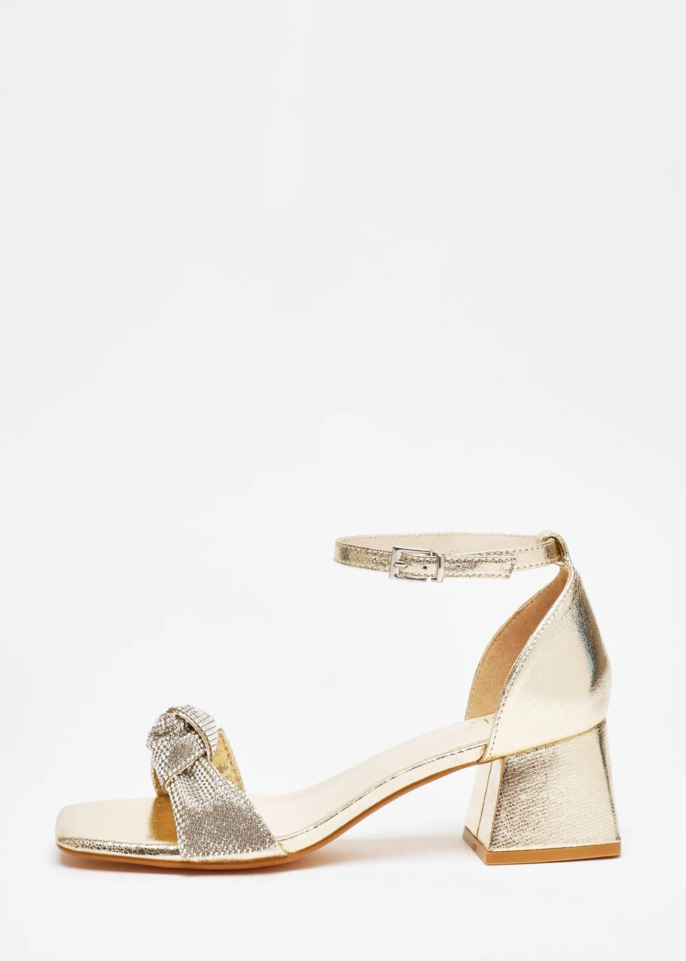 Quiz Gold Foil Diamante Knot Block Heeled Sandals - 3 Image 3