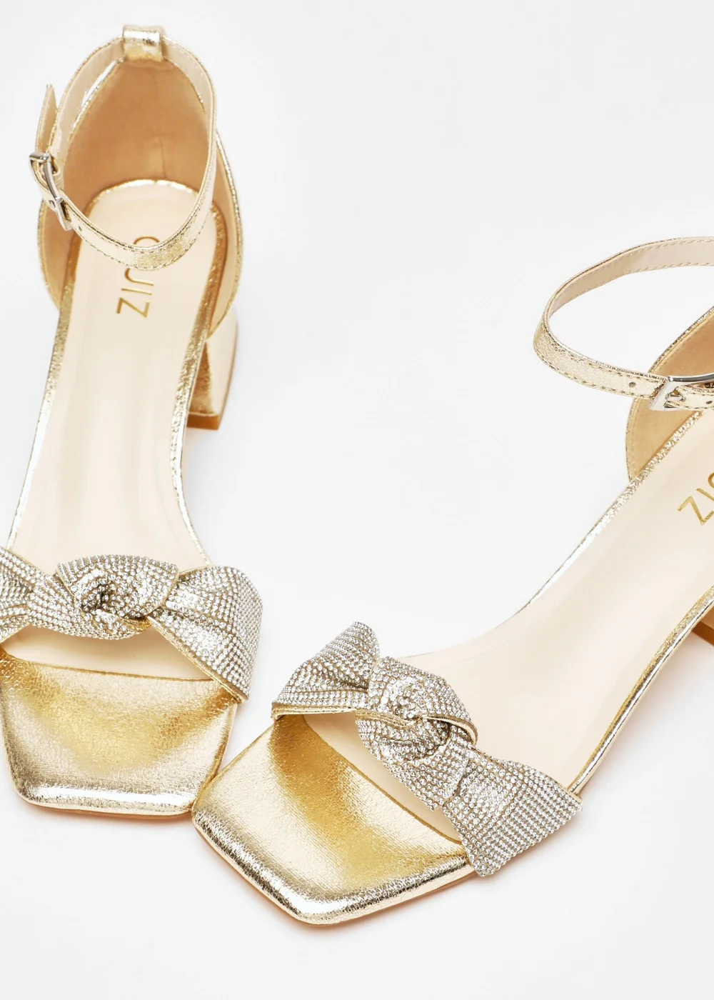 Quiz Gold Foil Diamante Knot Block Heeled Sandals - 3 Image 2