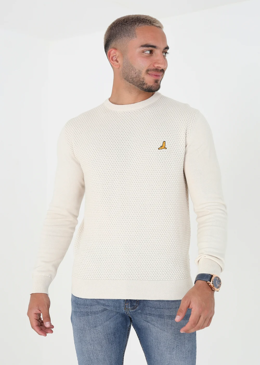 Brave Soul Ecru Crew Neck Waffle Knit Jumper - S Image 1