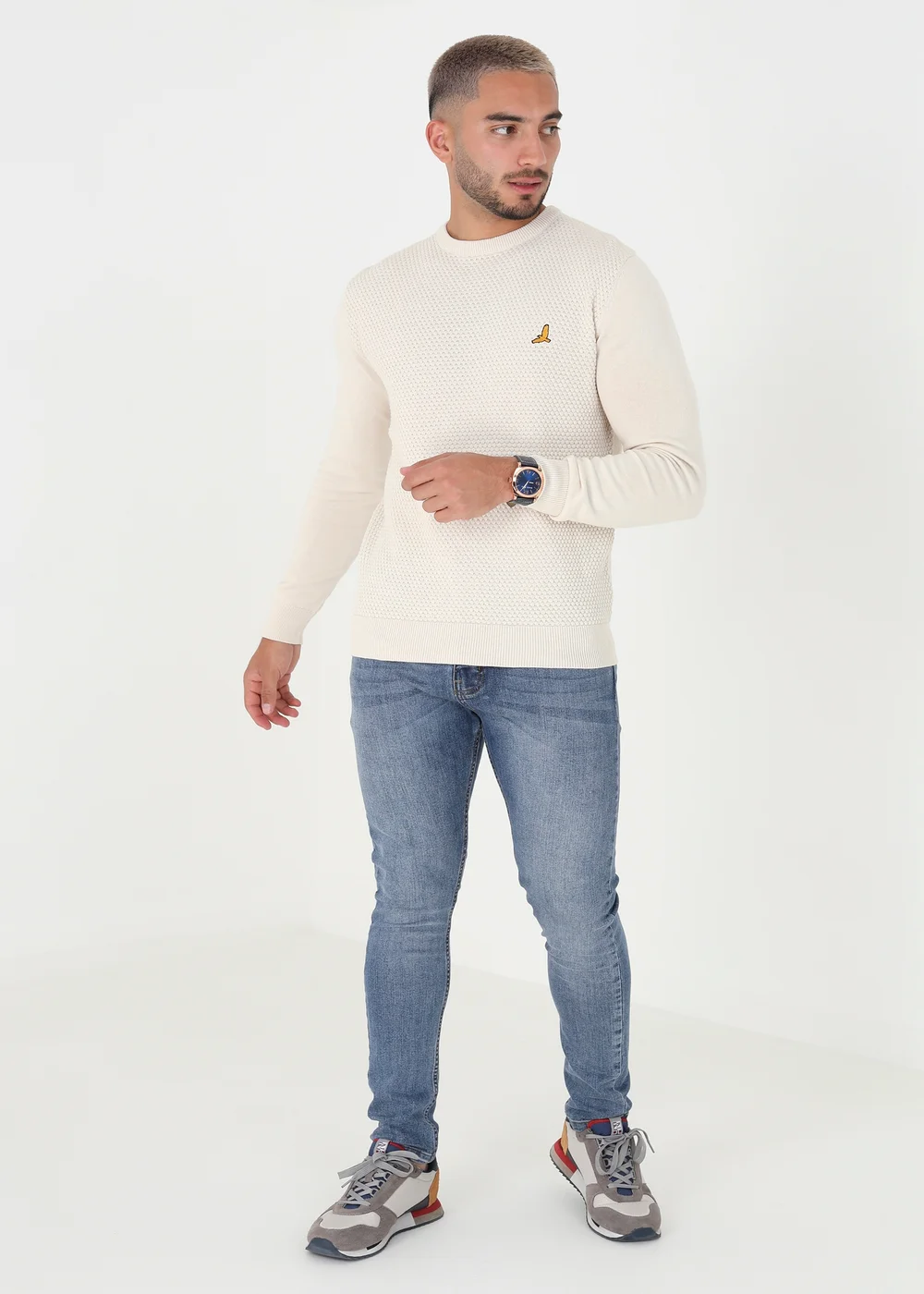 Brave Soul Ecru Crew Neck Waffle Knit Jumper - S Image 3