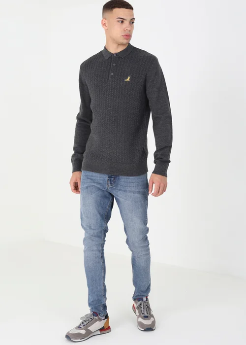Brave Soul Charcoal Long Sleeve Knitted Polo Shirt - S Image 4