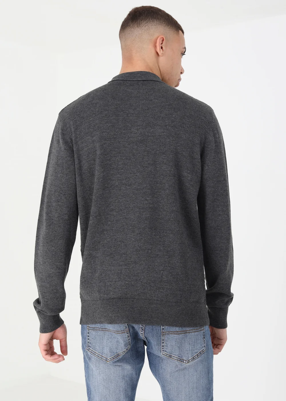 Brave Soul Charcoal Long Sleeve Knitted Polo Shirt - S Image 2