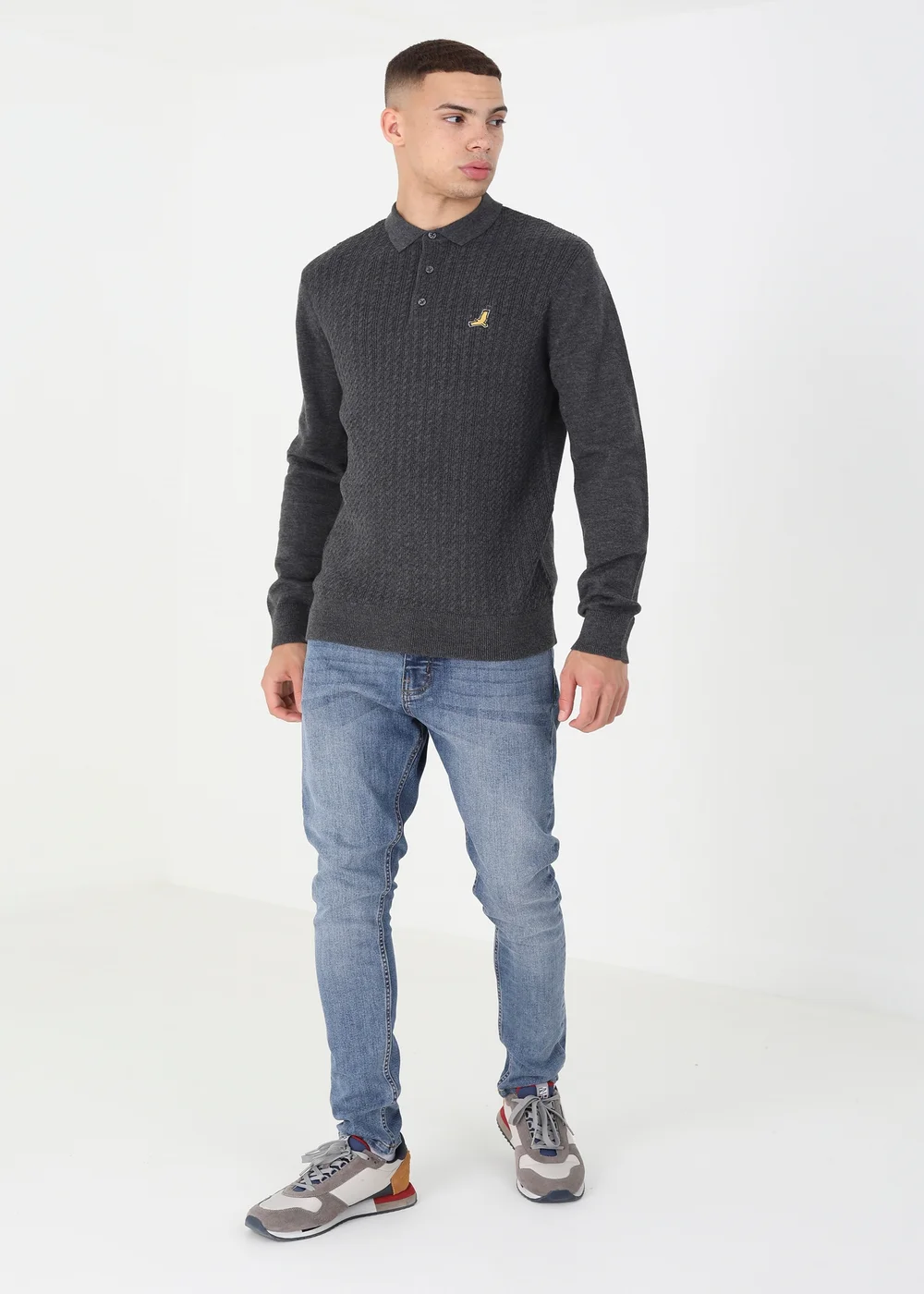 Brave Soul Charcoal Long Sleeve Knitted Polo Shirt - S Image 3