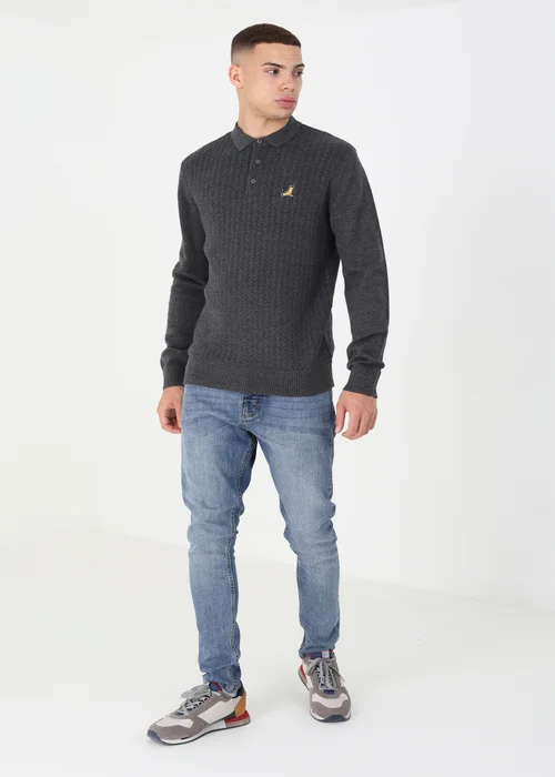 Brave Soul Charcoal Long Sleeve Knitted Polo Shirt - S Image 3