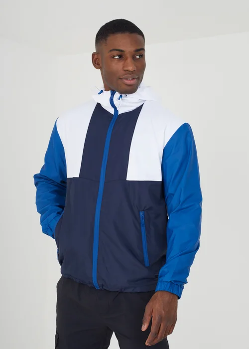 Brave Soul Navy Colourblock Hooded Windrunner Jacket - S Image 1