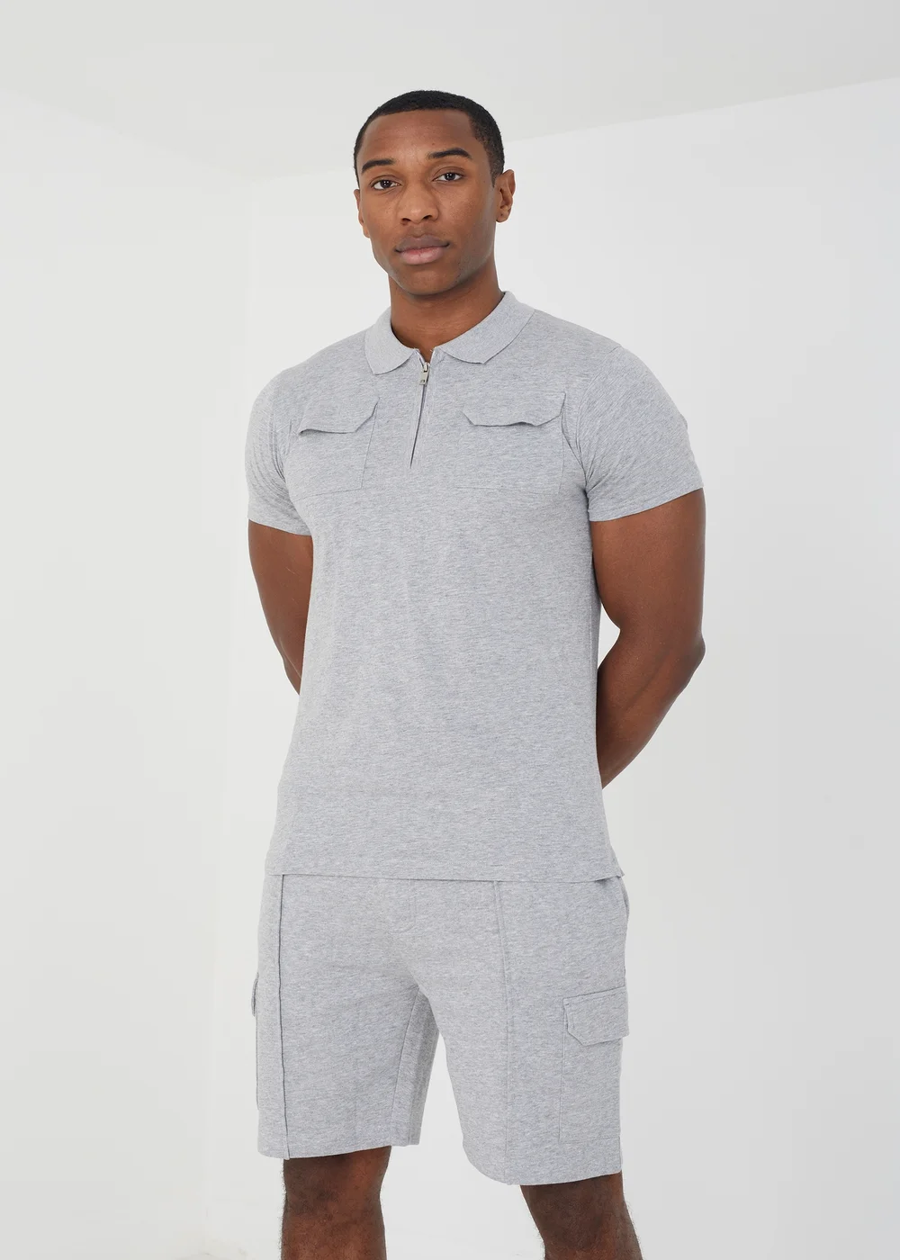 Brave Soul Light Grey Polo Shirt & Short Co-ord Set - S Image 1