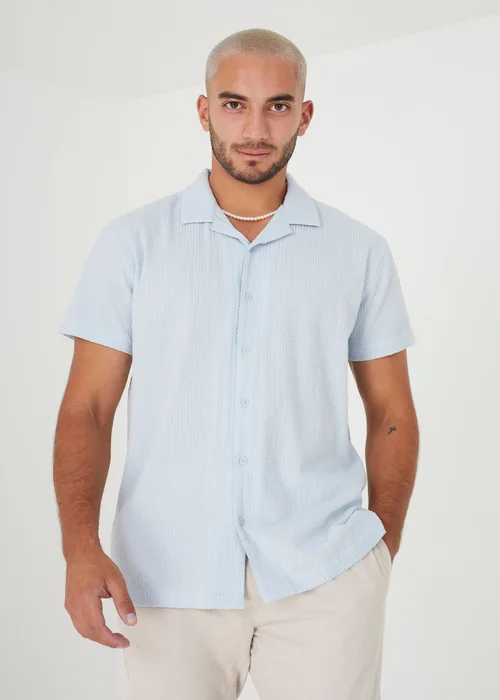 Brave Soul Pale Blue Short Sleeve Fine Stripe Revere Collar Shirt - S Image 1