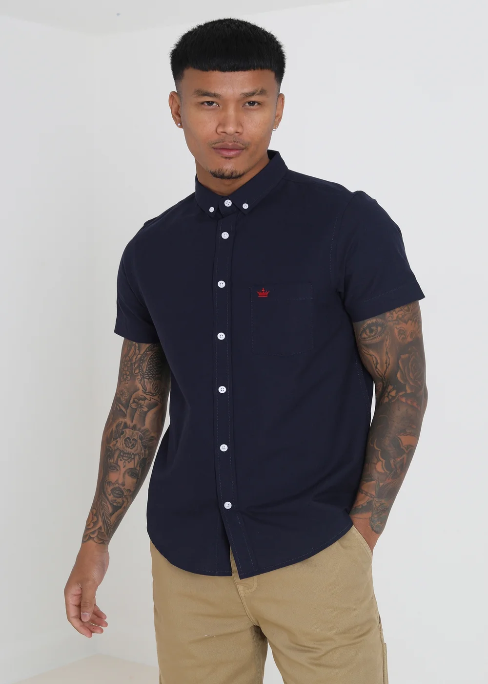 Brave Soul Navy Cotton Oxford Short Sleeve Shirt - S Image 1