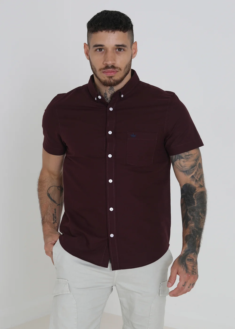 Brave Soul Burgundy Cotton Oxford Short Sleeve Shirt - S Image 1