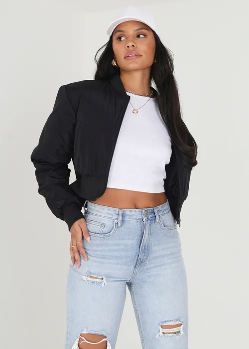 Brave Soul Black Cropped Bomber Jacket - Size 8 Image 1