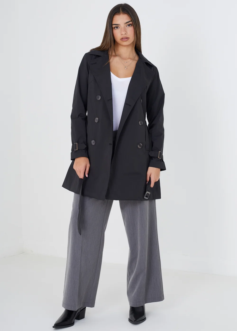 Brave Soul Black Double Breasted Belted Trench Coat - 8 Image 3