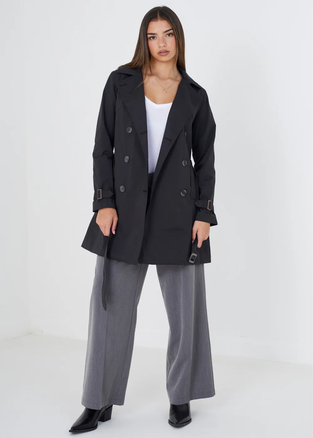 Brave Soul Black Double Breasted Belted Trench Coat - 8 Image 4