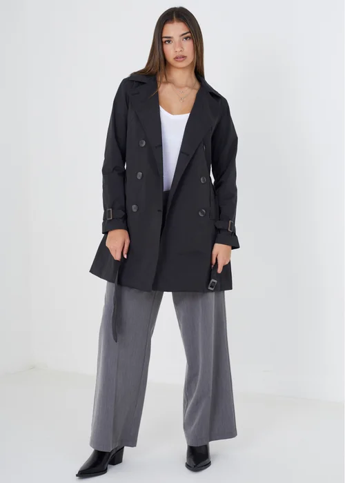 Brave Soul Black Double Breasted Belted Trench Coat - 8 Image 4