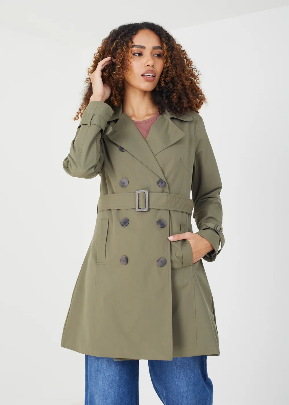Brave Soul Khaki Double Breasted Short Trench Coat - Size 8 Image 1