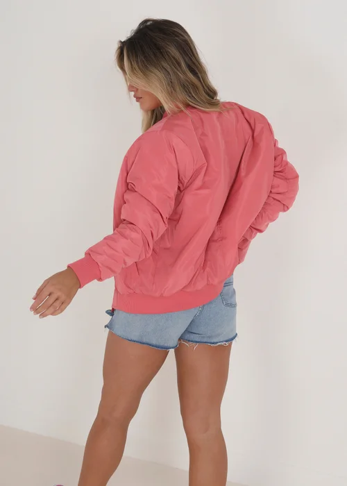 Brave Soul Pink Ruched Sleeve Oversized Bomber Jacket - Size 12 Image 2