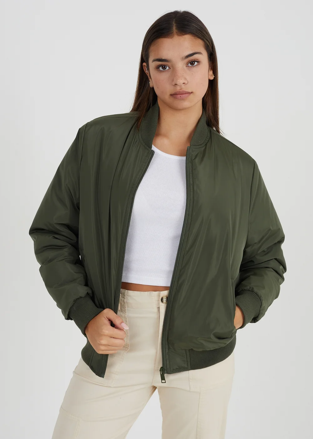 Brave Soul Khaki Ruched Sleeve Oversized Bomber Jacket - 8 Image 1