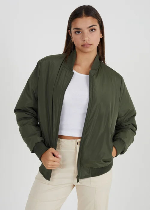 Brave Soul Khaki Ruched Sleeve Oversized Bomber Jacket - 8 Image 1